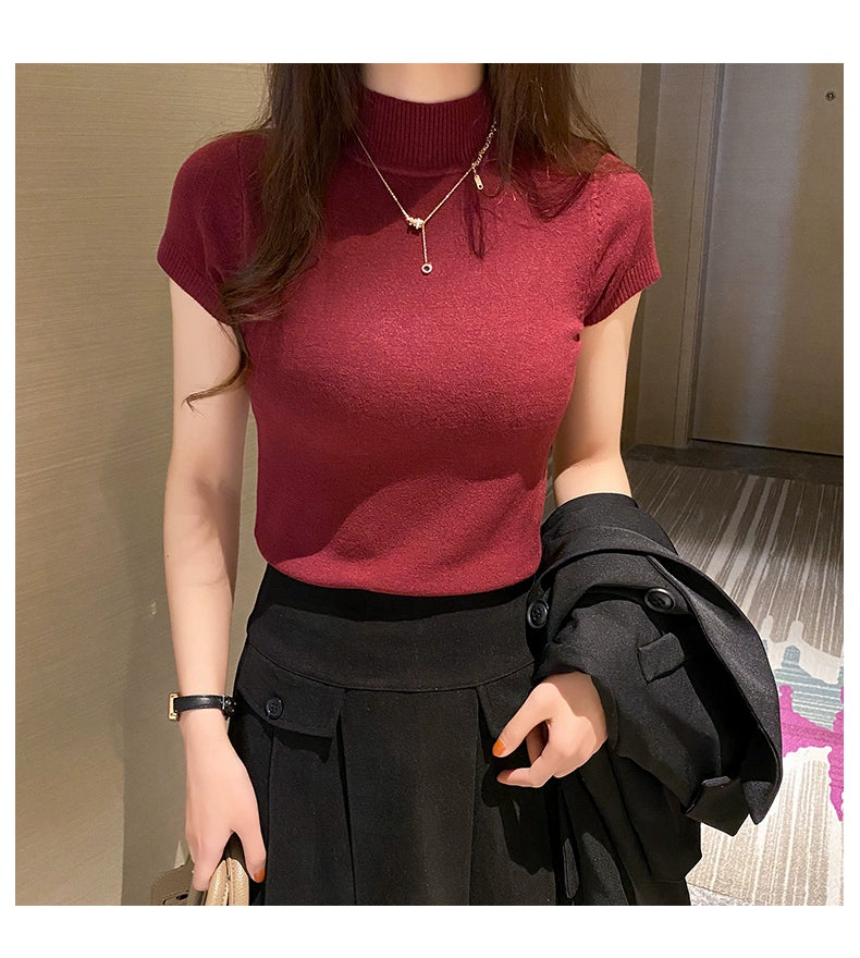 Half Turtleneck Summer Knitting Solid Color Suit Spring and Autumn Short Sleeve