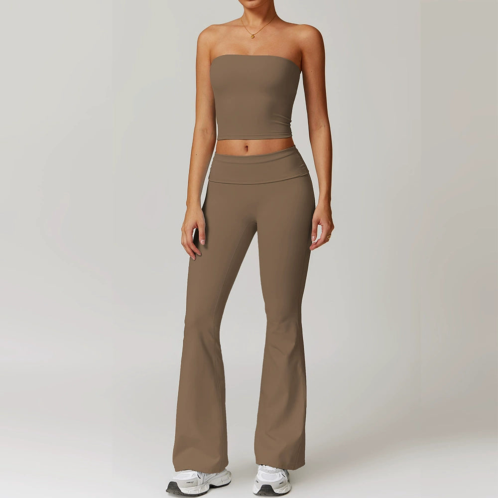 Fall and Winter Brushed Back Yoga Clothes Suit High Waist Stretch Tight Exercise Workout Pants Women's Long-Sleeved T-shirt Strapless Bra Pad