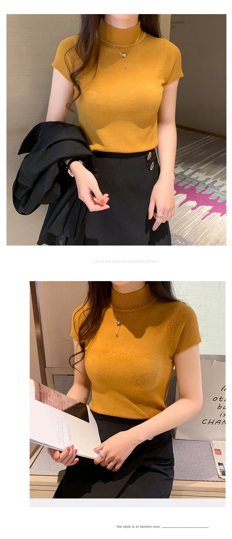 Half Turtleneck Summer Knitting Solid Color Suit Spring and Autumn Short Sleeve