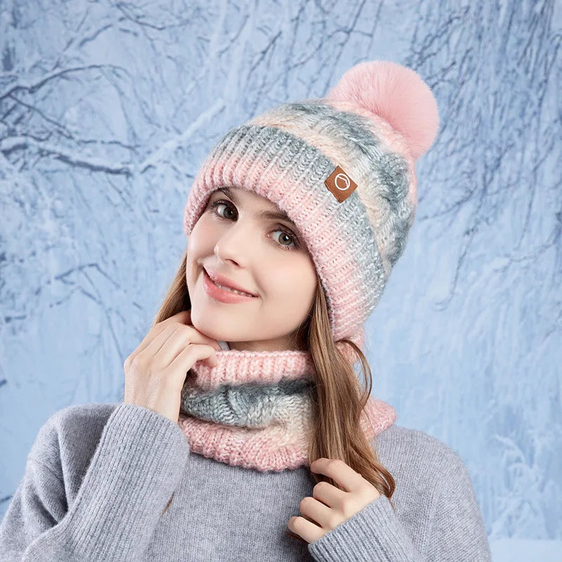 Winter Lady Warm Hat Scarf Two-piece Set Fleece Thickened Gradual Change Color Knitted Skiing Hat Fashion Pullover Hat for Women
