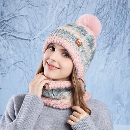 Winter Lady Warm Hat Scarf Two-piece Set Fleece Thickened Gradual Change Color Knitted Skiing Hat Fashion Pullover Hat for Women
