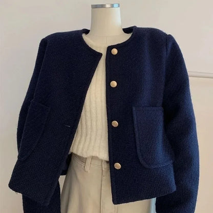 Vintage Style Purplish Blue Tweed Jacket Round Neck French Elegance Commuting Spring Autumn Trendy Fashion Outerwear