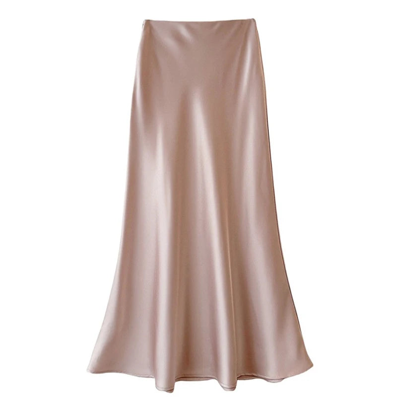 Women's Spring Autumn Satin Skirt - High-Waisted Flowy Bodycon Fishtail A-Line Midi Skirt