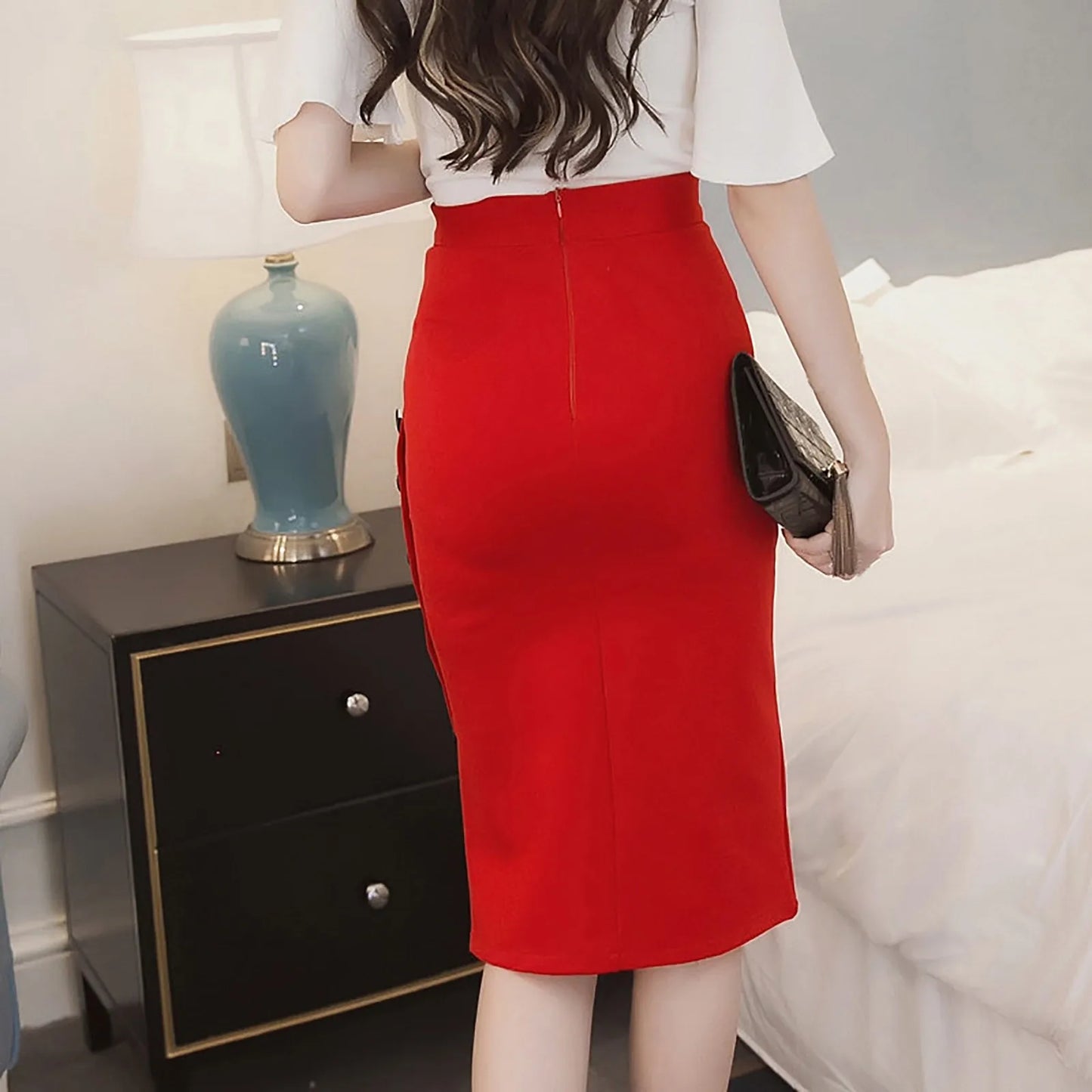 Elegant Women Vintage Office Lady Slim Skirts High Waist Buttons Slit Pencil Skirts Women Summer Sexy S-3XL Stretch Midi Skirts