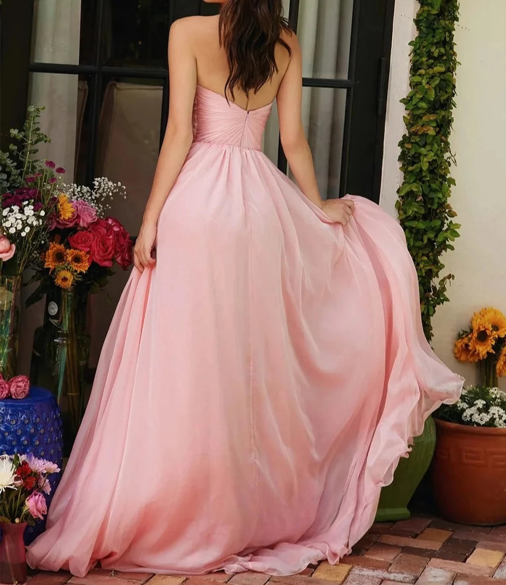 Customized Evening Dress Sexy Deep V Neck Sleeveless Crystal Beading Pleat Split A Line Sweep Train Prom Gown Party Dresses