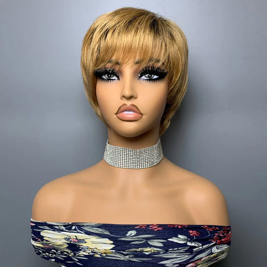 Short Pixie Cut Human Hair Wigs Brazilian Human Hair Wigs Full Machine Made Short Straight Wigs For Women T2/27B# None Lace Wigs