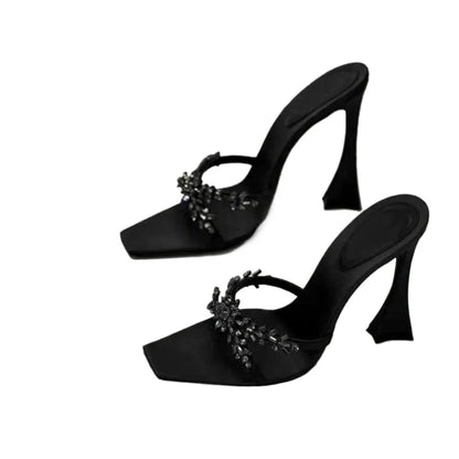 2025 NEW High Quality Luxury Heels Women's Sandals Designer Shoes Rhinestone Square Toe Open Toe Slides Женская Обувь