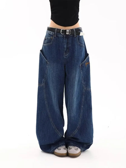 American Retro Knife Pocket Wide Leg Jeans Women's Spring Autumn Style Hot Girl High Street Design Loose Floor-Length Pants