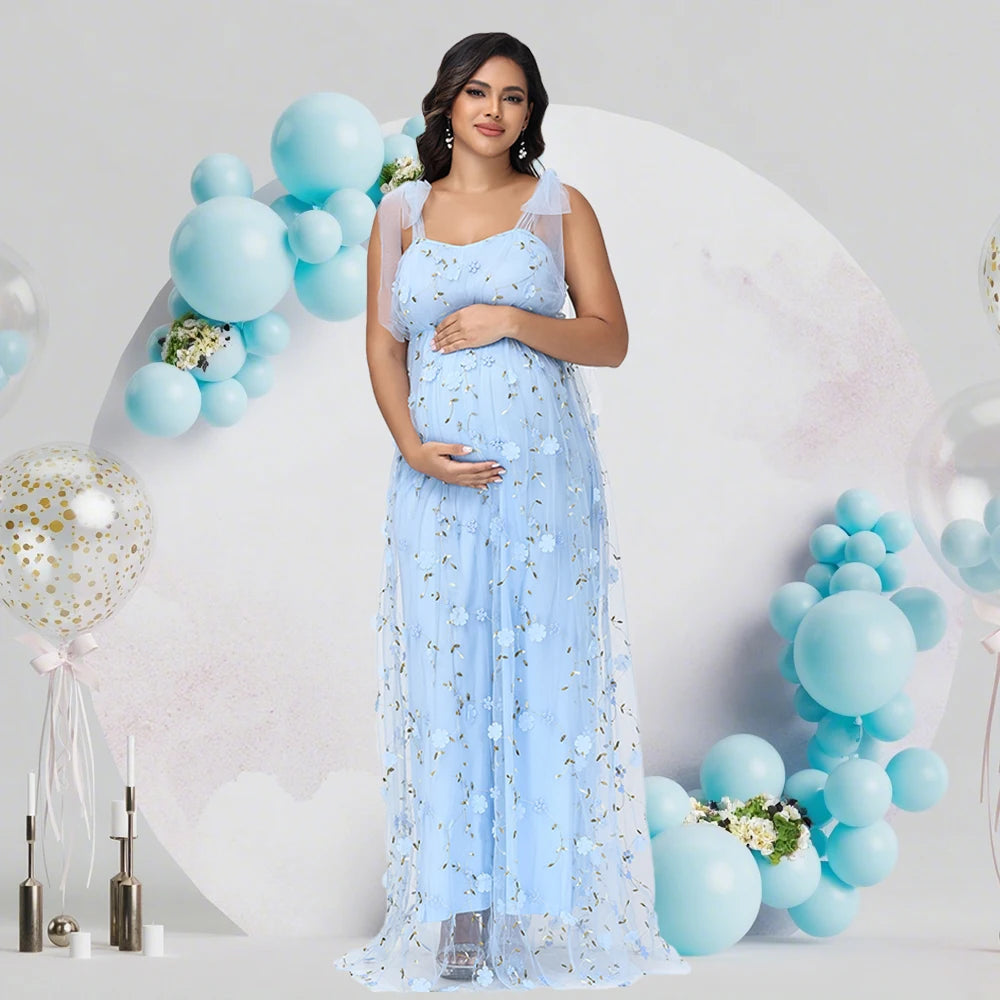 Maternity Photography Tulle Straps Evening Party Gowns Floral Embroidered Mesh Summer Long Dress for Baby Shower Photoshoot