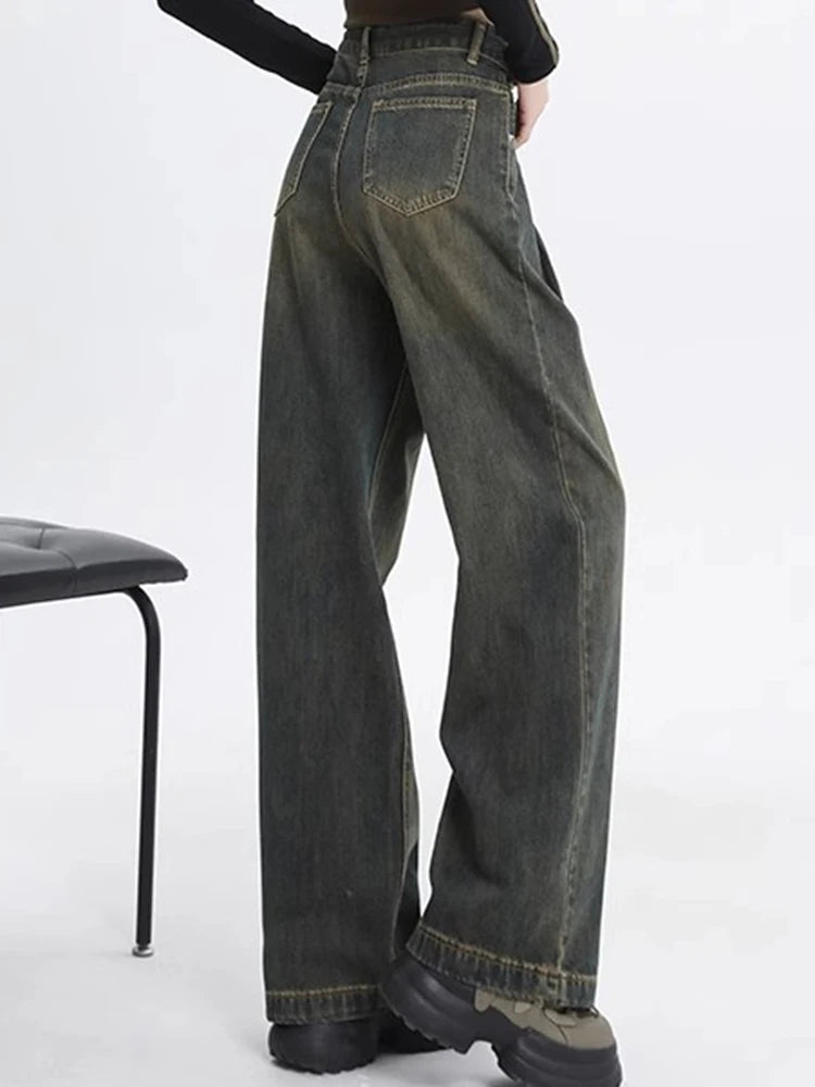 Woman High Waist Straight Leg Jeans Lady Loose Denim Wide Leg Pants Girls Korean Khaki Retro Blue Light Blue Gray White Trousers