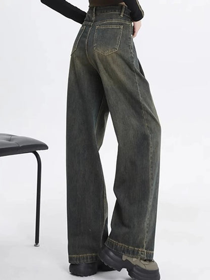 Woman High Waist Straight Leg Jeans Lady Loose Denim Wide Leg Pants Girls Korean Khaki Retro Blue Light Blue Gray White Trousers