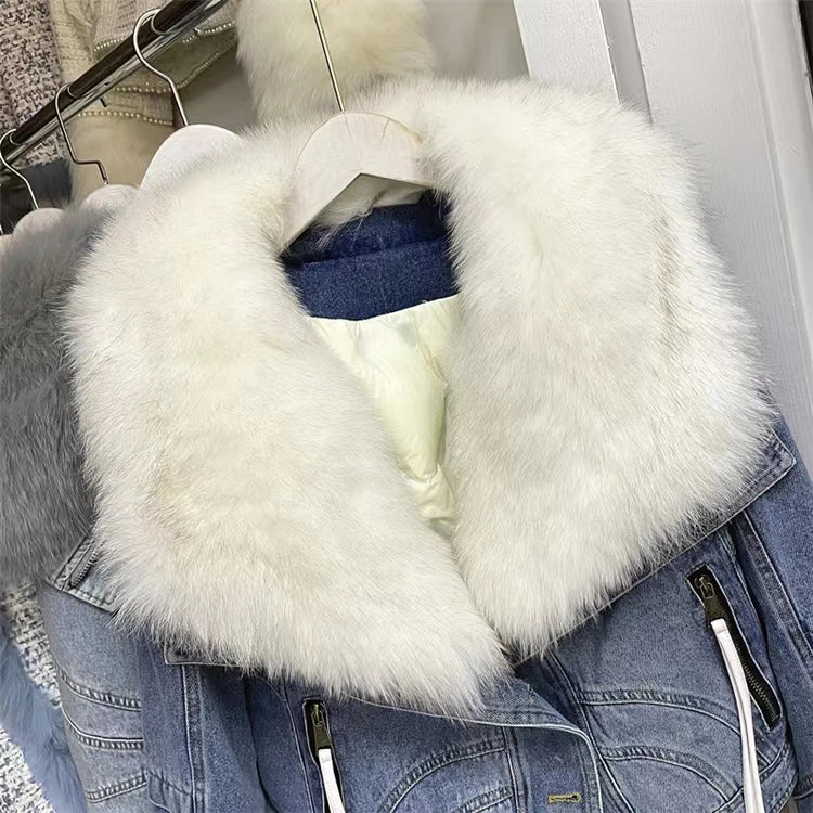 Womens Coats Spring New 100%Natural Real Fox Fur Collar Fashion Short Denim Jacket Luxury Goose Down Puffer Jackets Clothing