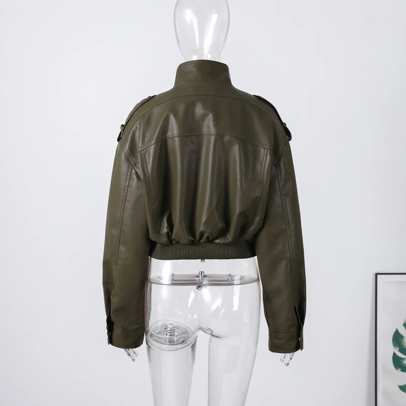 Vintage Zippers Short Leather Jackets Women's Casual Lapel Button Pockets Full Sleeve Coat 2025 Autumn New Lady Chic Streetwear