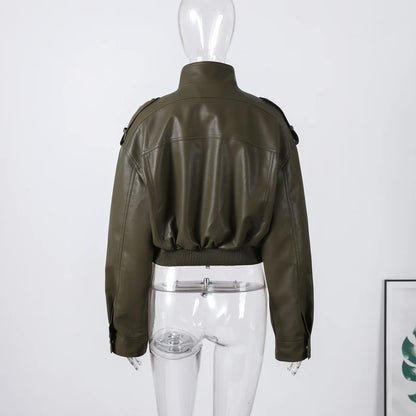 Vintage Zippers Short Leather Jackets Women's Casual Lapel Button Pockets Full Sleeve Coat 2025 Autumn New Lady Chic Streetwear