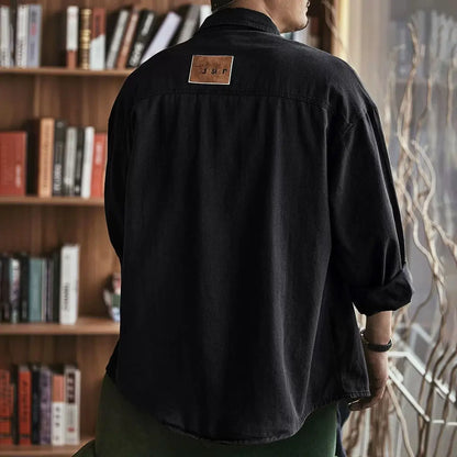 Men's Loose Fit Casual Work Shirt Jacket Spring Autumn Solid Color Cardigan Lapel Jacket Fashion Trendy Brand