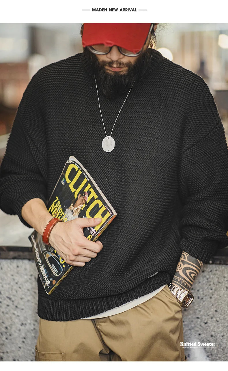 Maden Retro Heavyweight Knitted Sweater Loose Round Neck Pullover Warm Versatile Base Layer Knitwear for Men's Autumn and Winter