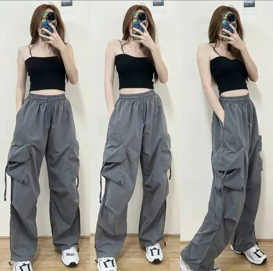 Loose Wide Leg Casual Pants Women's Workwear Trousers with Big Pockets Vintage Long Pants High Street Trend New 2025