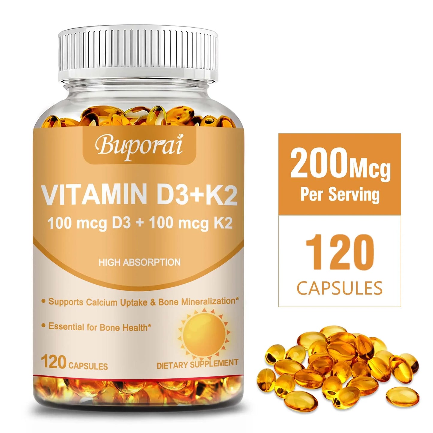 Vitamin D3 + K2 - Promote Calcium Absorption for Strong Bone, Joint, Skin, Immune, Vision and Heart Health - 120 Capsules