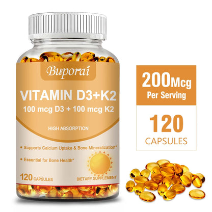 Vitamin D3 + K2 - Promote Calcium Absorption for Strong Bone, Joint, Skin, Immune, Vision and Heart Health - 120 Capsules