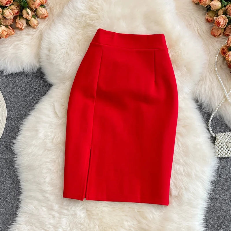 Women's Skirt Solid High Waist Work Pencil Skirt 2026 New Fashion Ladies Slim Fit Split Office OL Skirt Grey Red Black Skirts