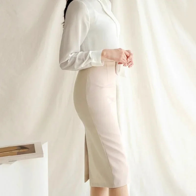 Elegant High Waisted Office Lady Pencil Skirt Korean Fashion Slim Fit Package Hip Midi Skirts Women Solid Color All-match Skirts
