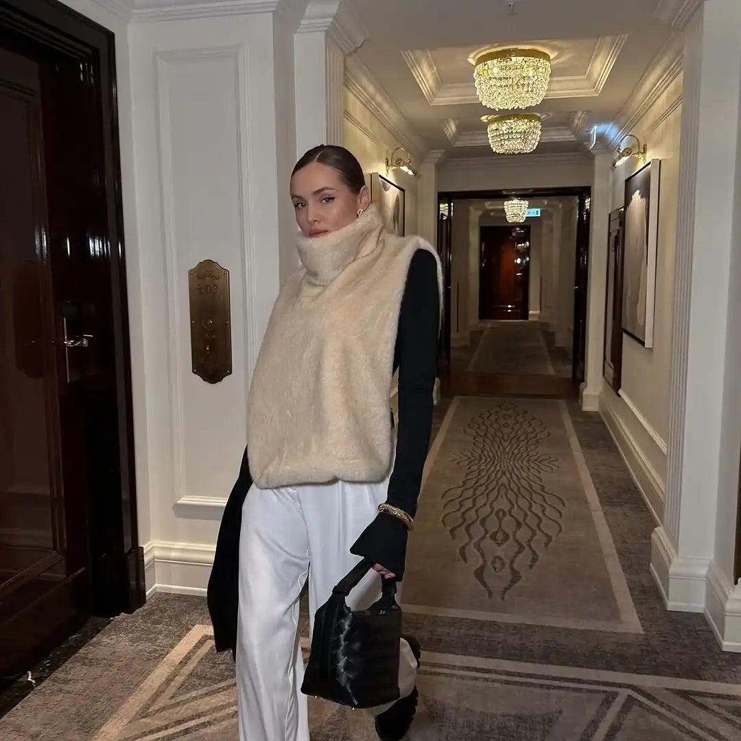 Solid Faux Fur Vest Crop Top Women Fashion Turtleneck Fluffy Short Tank Tops 2025 Winter Female Elegant Sleeveless Jacket Coat