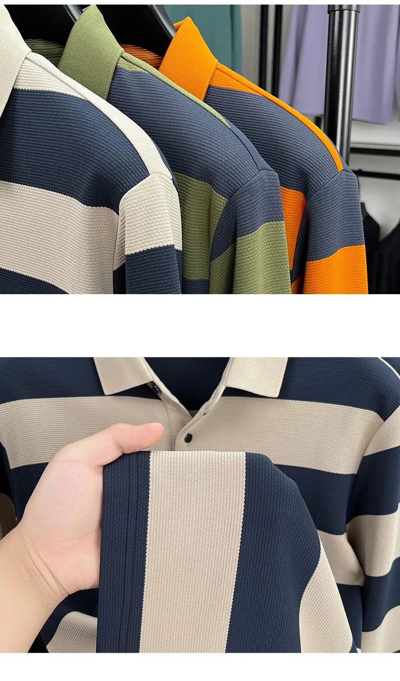 High end brand men's long sleeve polo shirt autumn fashion striped original letter design boutique golf casual business T-shirt