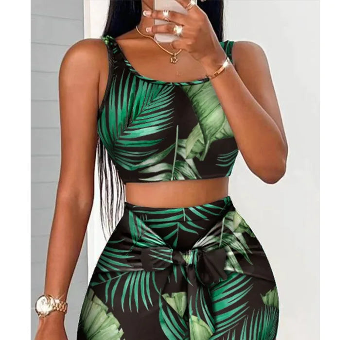 Two Pieces Set Outfits Women 2025 & 2026 Summer Sexy Sleeveless Suspender Top and High Waisted Tight Fitting Hip Wrap Skirt Print Suits