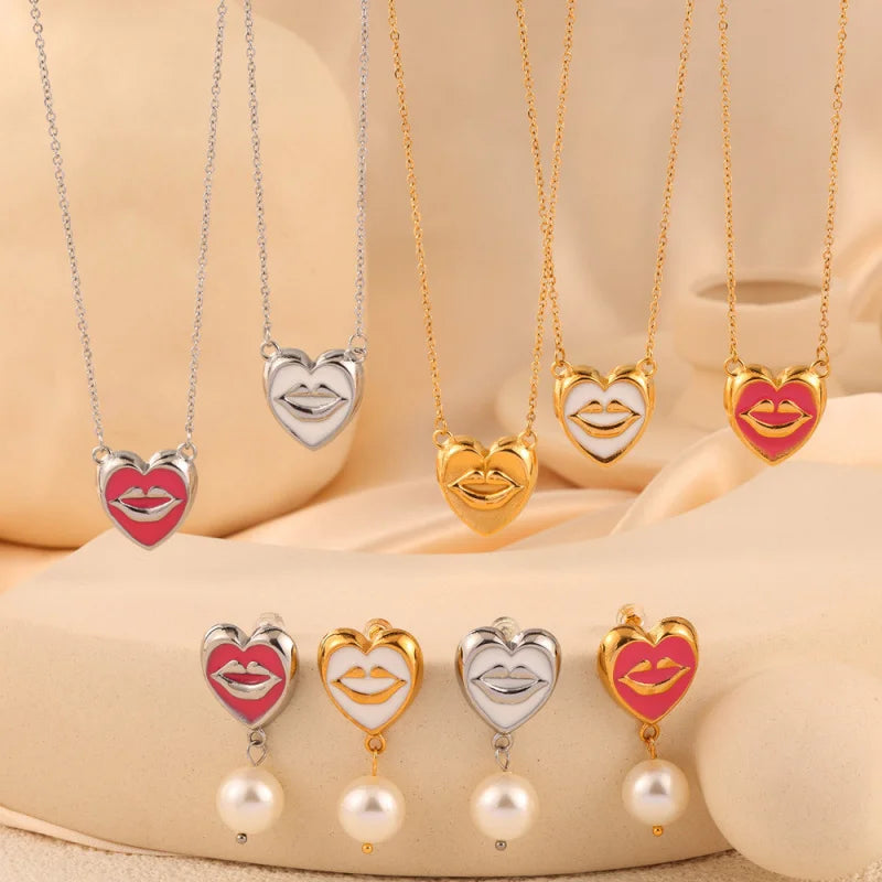 ins Unique Personality Sexy Jewelry Weighted Color Glaze Heart Lip Pendant Titanium Steel Jewelry Set for Women