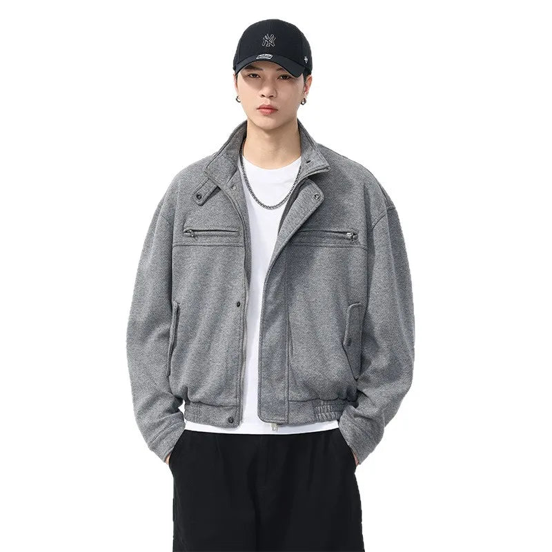 Autumn Winter Woolen Bomber Jacket Men Stand Collar Vintage Fashion Loose Casual Short Cargo Jacket Korean Streetwear Coat