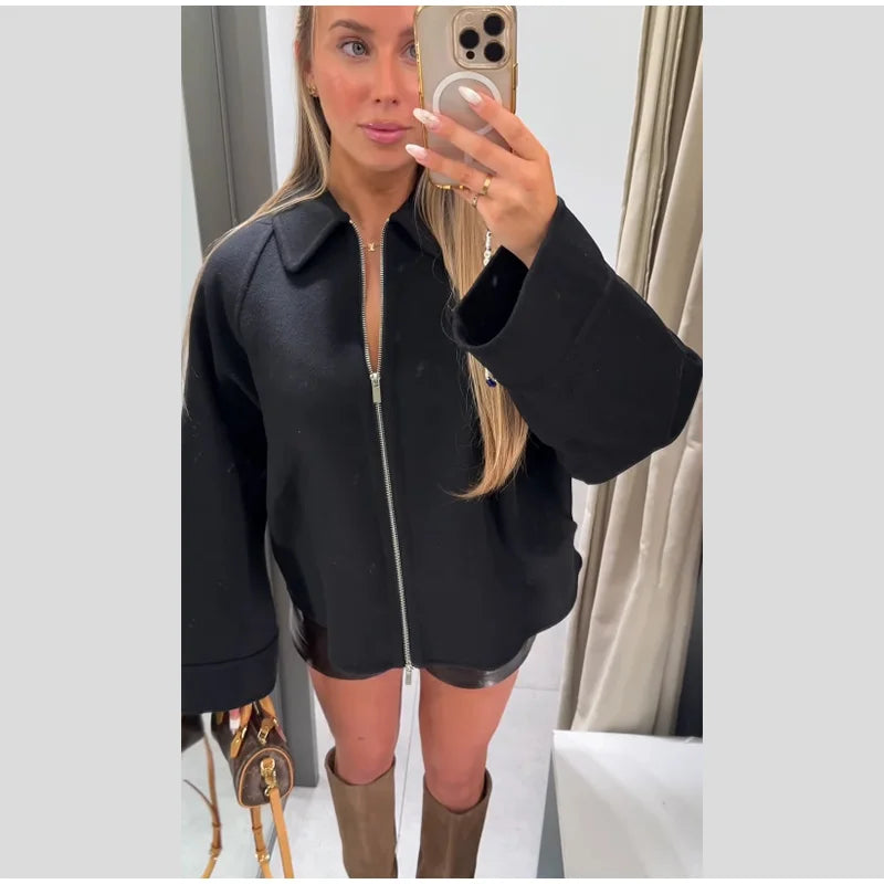 Woolen Zipper Loose Short Jacket Women Long Sleeve Lapel Solid 2025 Autumn Winter Commute Coat Street Office Warm Ladies Outwear