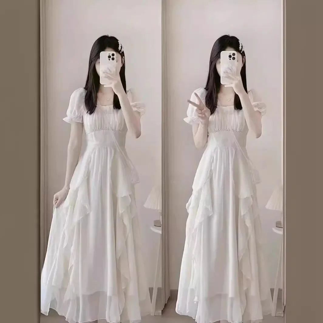 French Style White Fairy Dress Women's Summer 2025 New Super Fairy Princess Gown Gentle Wind Long Skirt Elegant Sensation