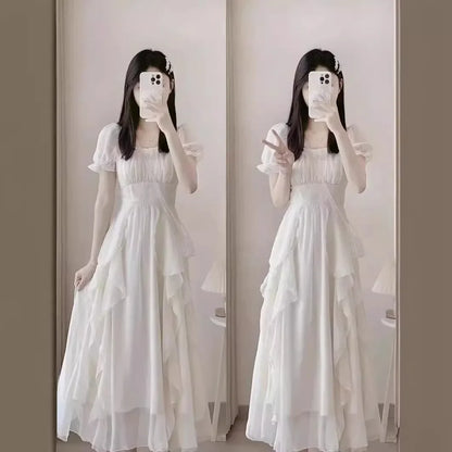 French Style White Fairy Dress Women's Summer 2025 New Super Fairy Princess Gown Gentle Wind Long Skirt Elegant Sensation