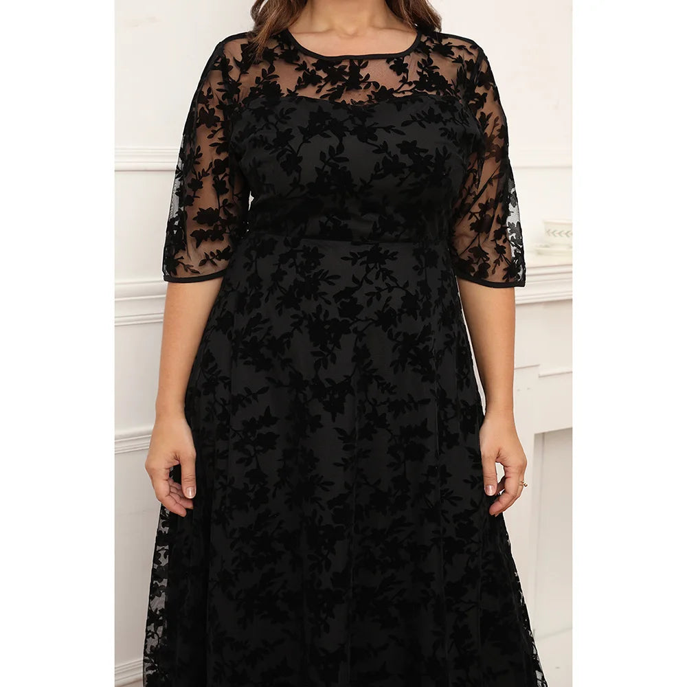 Plus Size Formal Black Lace Flocking Mesh Velvet Double Layer Tunic Maxi Dress Round Neck Long Dress