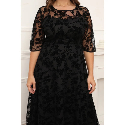 Plus Size Formal Black Lace Flocking Mesh Velvet Double Layer Tunic Maxi Dress Round Neck Long Dress