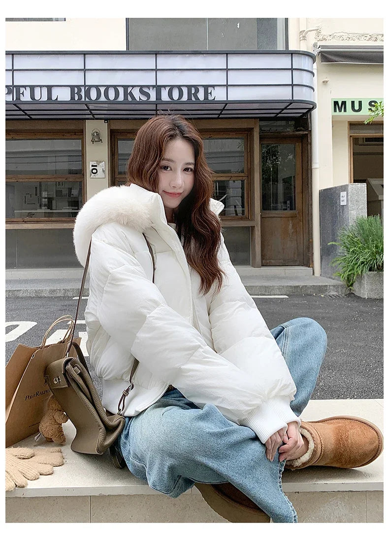 Casual Warm Fur Hooded Cropped Parkas Chic Streetwear Korean Style Down Cotton Coat Thicken Short Women's Winter 2025 Jacket