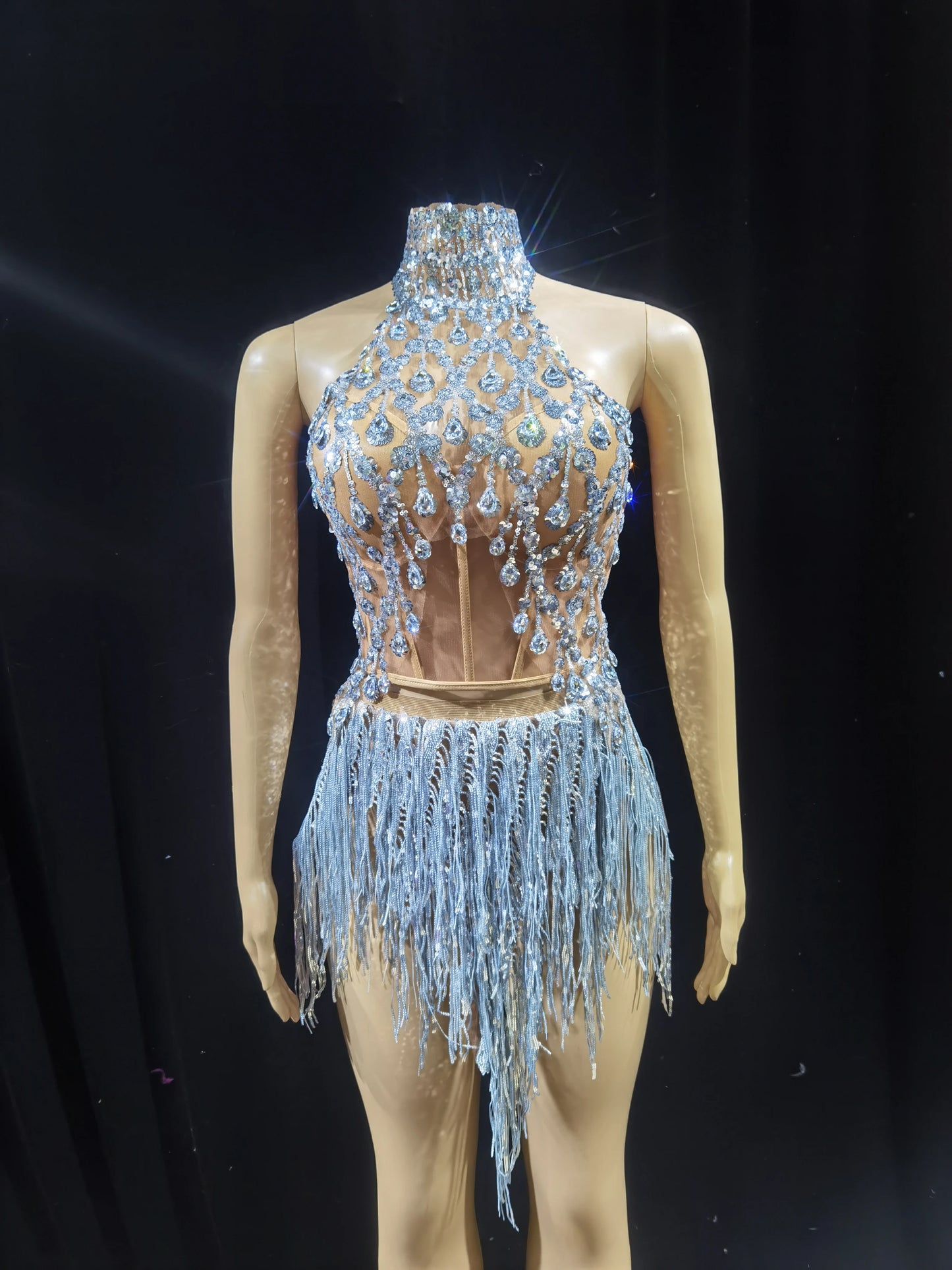 Luxurious Blue Diamond Sparkling Tassel Jazz Dance Performance Clothing Basketball Baby Performance Clothing Cheerleading Short