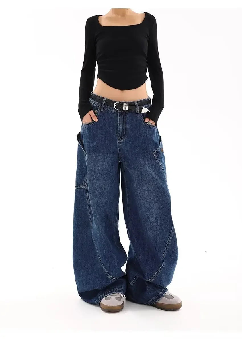 American Retro Knife Pocket Wide Leg Jeans Women's Spring Autumn Style Hot Girl High Street Design Loose Floor-Length Pants