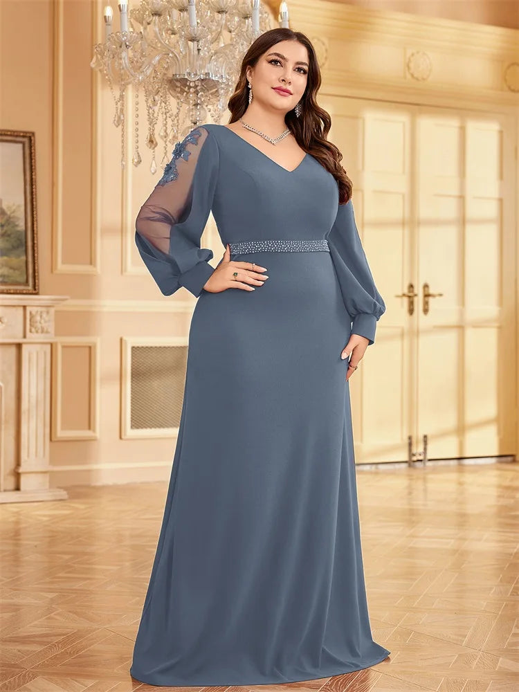 XUIBOL Plus Size Elegant Blue Applique Evening Dress 2026 Women Formal Maxi Prom Long Sleeves Party Dress Luxury Cocktail Prom