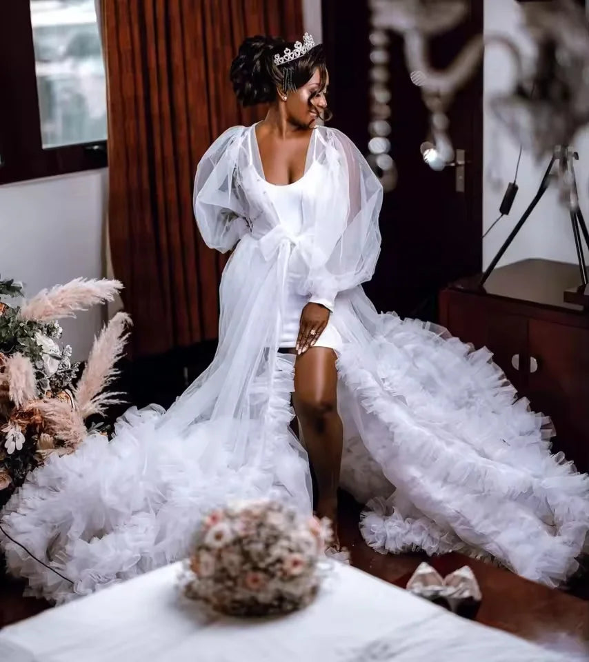 Puffy Wedding Robe Tulle Long Sleeves Ruffles Bathrobe Bride Women Gowns Bridal Boudoir Maternity Prom Dress Photoshoot