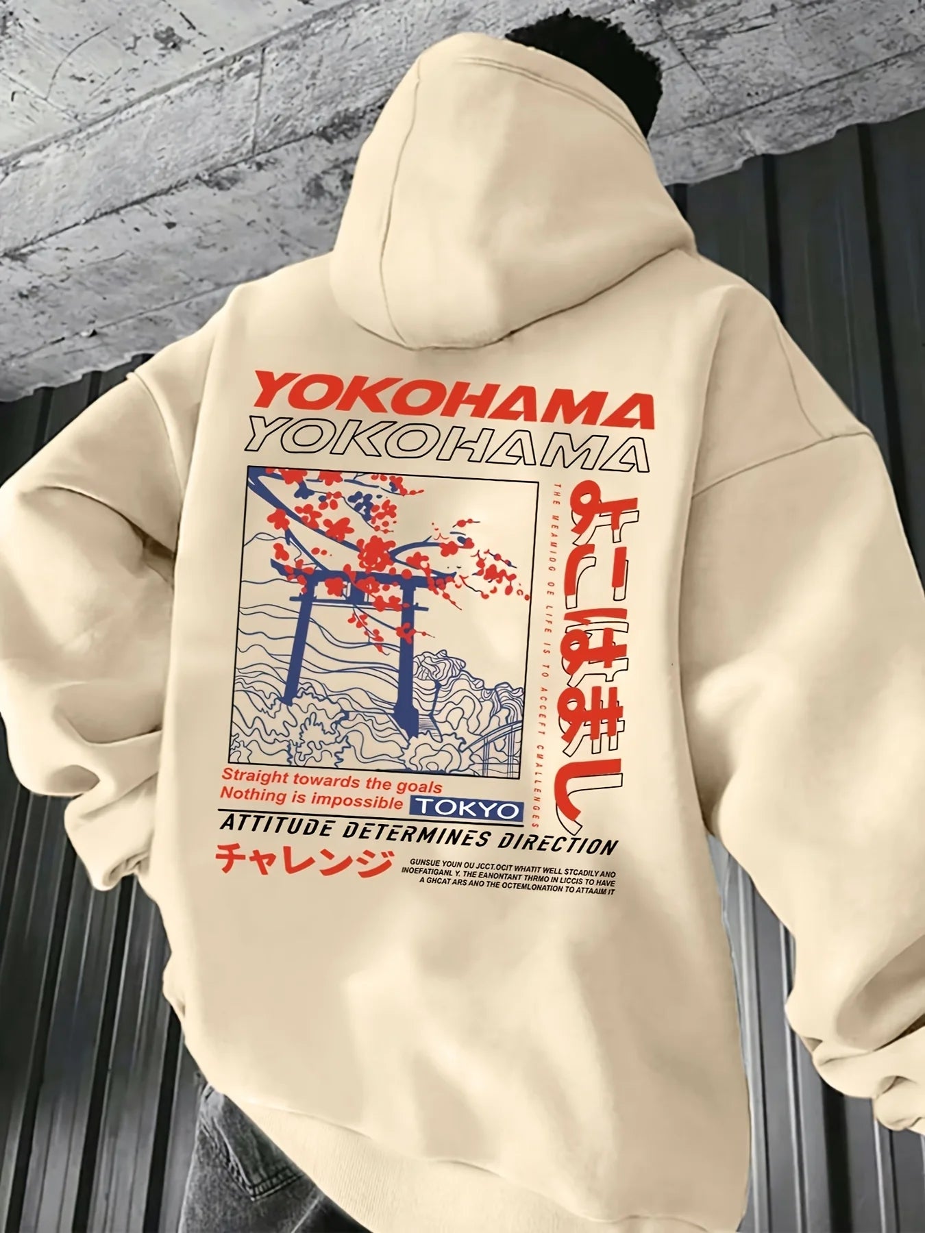 Men's autumn and winter casual fashion loose Tokyo pattern printed long sleeved hooded sweatshirt warm pullover