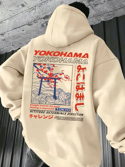 Men's autumn and winter casual fashion loose Tokyo pattern printed long sleeved hooded sweatshirt warm pullover