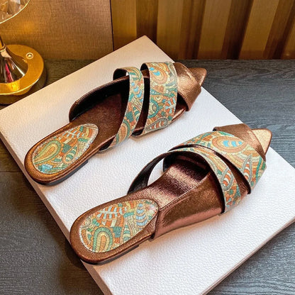Women's sandals flat pointed Peep Toe slippers totem large size shoe snake pattern stone pattern sandals for women Flat slippers
