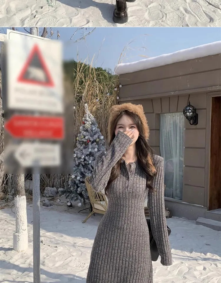 French Style Long Sleeve Knitted Dress Vintage Waist Cinching A- Line Skirt Women Autumn Winter New Arrival Slimming Inner Wear