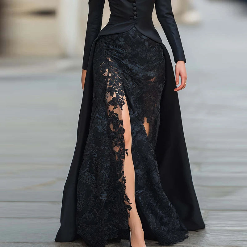 Elegant Solid Formal Occasion Outfit Autumn Women's Lapel Button Top and Skirt Two Piece Set Lace Patchwork Slim Fit Party Suit