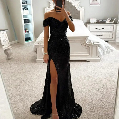 2025 Elegant Off-shoulder Gown Dress V-Neck Sequin Pleated Short Sleeve Waist Tight Maxi Dress Split Evening Party Prom Dress