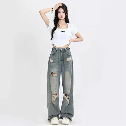 American Retro Hole-punched Jeans Women High Waist Straight-crotch Loose Slim Design High-street Vibe Wide-legged Dragging Pants