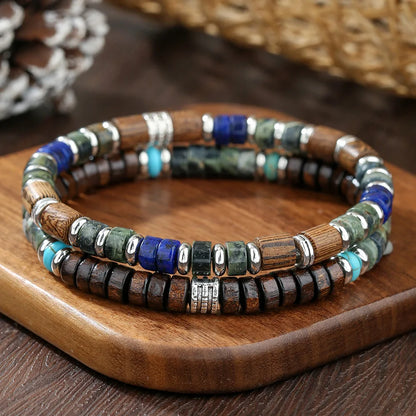 2PC/SET  Man's Tribal Wooden Beads Bracelet Set for Men Bohemia Beaded Natural Lapis Lazuli Stone Bracelet Man Pulseras Hombre
