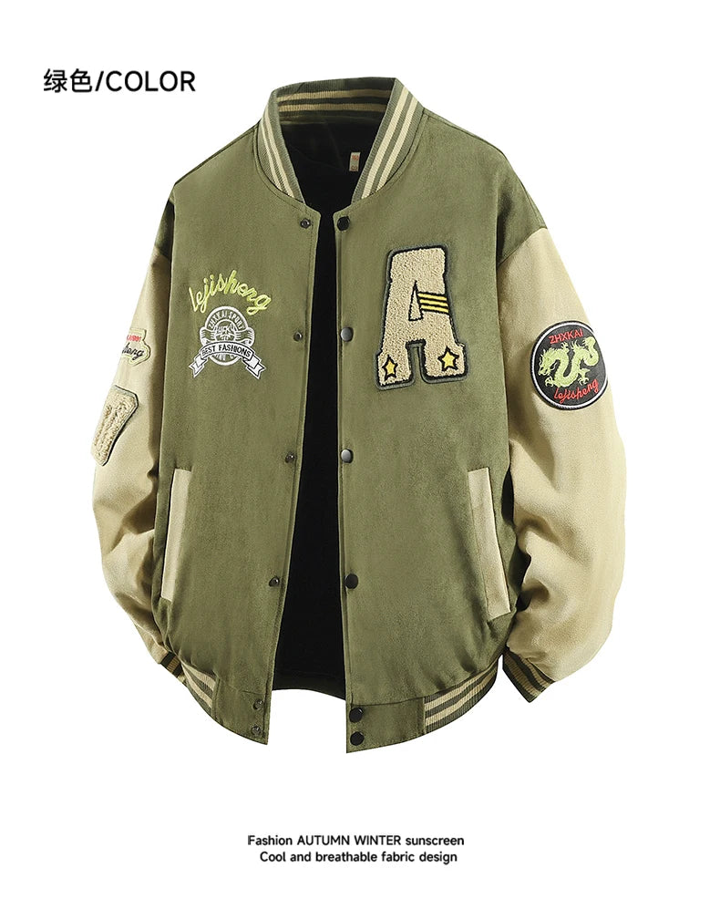 Hip Hop Men's Suede Embroidered Varsity Jacket Color Block Letter Graphic Long Sleeve Baseball Jacket Bomber Coat