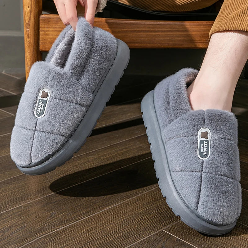 Men's slippers Winter Solid Color Wrap Heels Plush Slippers Non-slip Warm Women Men Home Casual Cotton Shoes Big Size 50 51